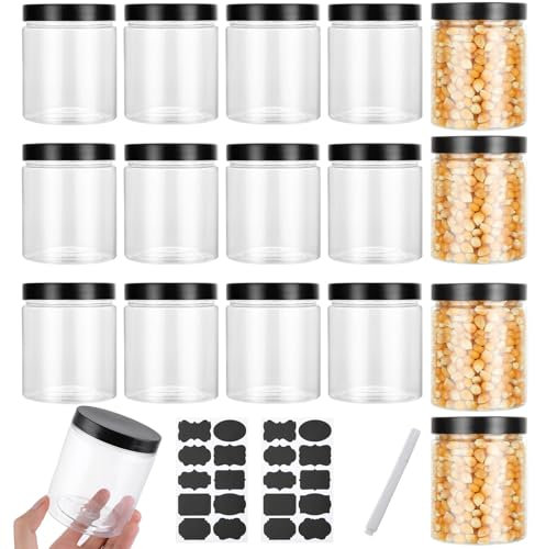 LOLYSIC 16 Pcs Plastic Jars with Lids, 500ml Clear Plastic Storage Jars with Black Screwed Lids, Round Empty Jars for Food Spice Liquid Slime Crafts, with 2 Stickers & 1 Pen