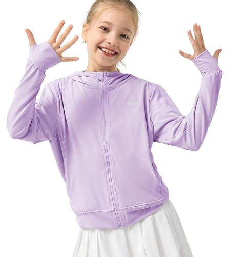 Rolanko Mädchen Sommerjacke mit Daumenlöchern Langarm Sonnenschutz Schnell Trocknend Reißverschluss Hoodie Kinder Rash Guard Tops, Lila, Größe: 130/6-7 Jahre