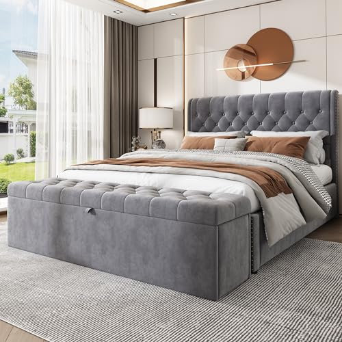 Merax Upholstered Bed Frame with Hydraulic Lift, 4FT6 Double Bed Frame with Storage, Functional Ottoman Bed with Upholstered Bench, Without Mattress, Elegant Velvet Finish, Grey, 135x190cm