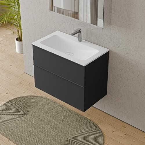 BERNSTEIN Badmöbel-Set Lavoa, Waschtisch-Unterschrank mit Waschbecken 80cm in Anthrazit - CREAM - Weiß matt mit Hahnloch - 2 Schubladen, Griffe in Anthrazit, vormontiert, 5 Jahre Garantie
