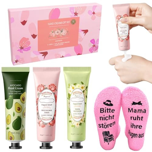 Geschenke für Frauen, Weihnachtsgeschenke Set 3 Weihnachten Handcreme u 2 Paar Kuschelsocken Damen, Hand Cream für trockene Hände, Kleinigkeiten für Adventskalender Frauen, Geschenk für Frauen (Mama)