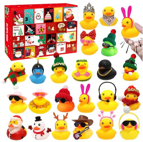 Adventskalender Enten 2024, 24 Tage Weihnachten Countdown Rubber Duck Advent Calendar 22 Stück Weihnachten Quietscheenten Enten Ornamente Weihnachtskalender für Erwachsene Kinder Mädchen Jungen