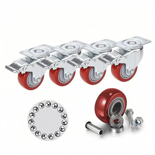 75mm Lenkrollen mit Bremse, 4 Stück Möbelrollen Max. Belastung 400KG, Doppelverriegelung 360-Grad Schwerlastrollen für Bürostühle und Gartenmöbel, Rot