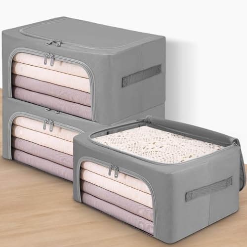 Zhufas 3 Stück 24L Aufbewahrungstasche mit Metallrahmen,Stapelbare Faltbare Organisationsboxen mit Deckel Kleiderschrank Organizer für Bettdecken Kleidung Decke T-Shirts Kleiderschrank(Grau)