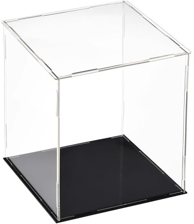 TA-VIGOR Transparente Acryl-Schaukasten, 15 x 15 x 20 cm, zusammenbaubar, Würfel-Aufbewahrungsbox, Organizer, Ständer, staubdichter Schutz, Vitrine mit schwarzem Boden für Sammlerstücke