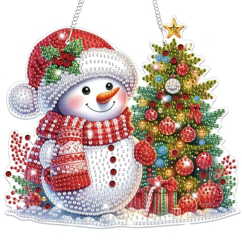 Lxmsja 5D Diamond Painting Weihnachten Anhänger für Erwachsene, Schneemann Diamond Painting Fensterbilder für Kinder, Hängende Ornament Bastelset Kreativ Set für Erwachsene Tür Fenster Wand Decor