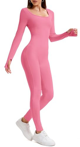 OOHOKAY Jumpsuit Damen Lang Eng Yoga Bodysuit Hohe Taille Overall Stretch Shape Langarm Sport Jumpsuit Leggings Hosen Set Scrunch Butt Sportkleidung Frauen Playsuits Einteiler(Rosa-C,L)