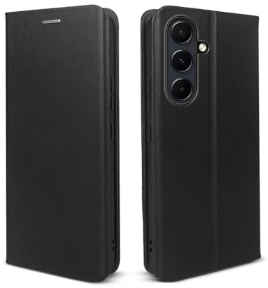phase9 Echtleder Handyhülle für Samsung Galaxy A55 5G Klapphülle Leder Case Hülle Magnetverschluss RFID-Schutz Kartenfächer Geldfach Standfunktion Schutzhülle Datenschutz Schwarz