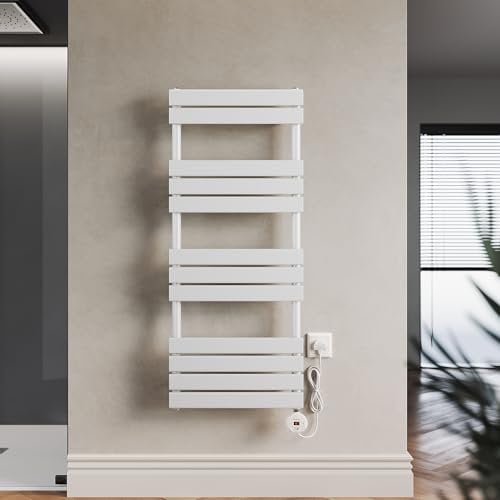 ELEGANT 600W Smart Electric Heated Towel Rail, WiFi-Controlled Wall Mouted Bathroom Towel Warmer & Dryer with Programmable Thermostat, UK Plug, LCD Display, Energy Efficient, White 1250 x 500mm