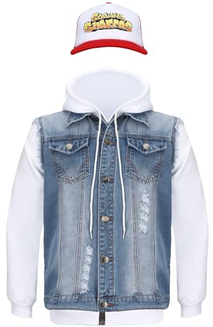 Funhoo Herren Kostüm Subway Parkour Jake 3 Stück Set Weiß Hoodie Denim Weste mit Baseball Kappe Halloween Cosplay Freizeit Sport Outfit Alltagskleidung (M)