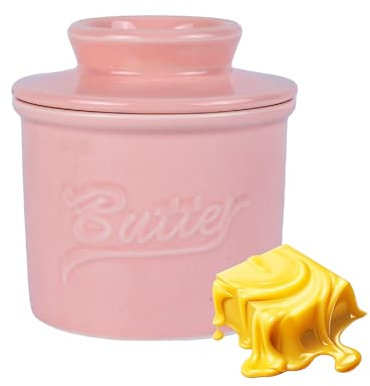 French Butter Dish with Lid, French Butter Crock for Counter with Water Line French Butter Dish for Counter, Pink