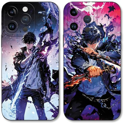 TBNMBGY 2 Stück Anime Schwarz Handyhülle für iPhone 14 6,1 Hülle, Manga Solo Leveling Heißblütiger Motiv Muster für Junge, Stoßfest TPU Kratzfest Fallschutz Cartoon Schutzhülle, Schwarz