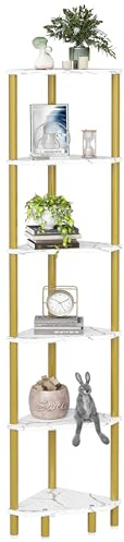 IRCPEN 6 Tier Corner Shelves, 66.5 Tall Standing Shelves, Narrow Display Shelf Stand, Modern Corner Bookshelf, Plant Stand, Corner Bookcase for Living Room, Bedroom, Bathroom, Gold and White LCS502GC