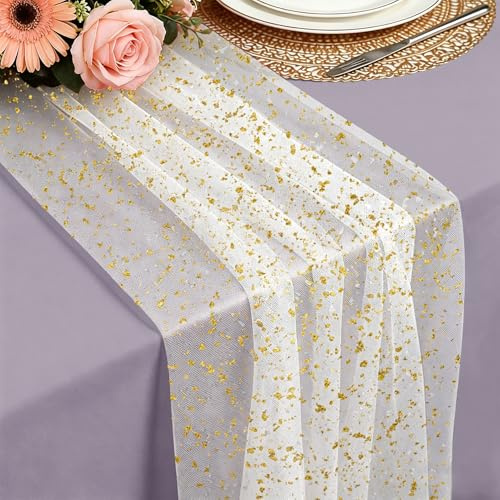 Foatcox Tischläufer Gold, 75X 300 cm Leichter und fließender Tischläufer Gaze Tüll Glitter GoldfolieTischläufer für Boho Hochzeit, Geburtstagsfeier, Weihnachten, Neujahrsparty Küche Tisch Dekoration