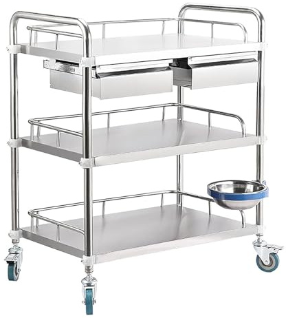 BSKJMMP 3-stöckiger Restaurantwagen mit Rädern, zwei Schubladen, Küche, Servierwagen, Edelstahl, kommerziell, robust, Labor, Büro