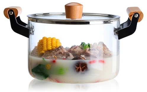 Marmites en verre pour la cuisson sur la cuisinière Marmite en verre de 3, 2 Qt Marmite transparente résistante à la chaleur avec couvercle Cuisson sûre sur la cuisinière avec poignées en bois pour