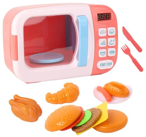 BeVistoso Toy Microwave Set(13Pcs) 9x4x6 Inch Battery Powered ABS Microwave Toy Set Includes Oven, Fork, Knife, Bread, Chicken & More Interactive Play Kitchen Accessories
