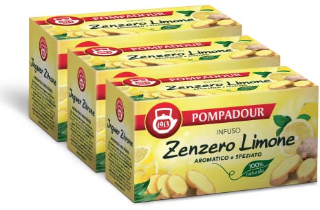 Pompadour, Infuso Zenzero e Limone, 60 Filtri (3 Confezioni da 20 Filtri), Aromatico e Speziato, 100% Naturale, Senza Lattosio, Glutine e Allergeni, Vegan
