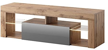 Selsey BIANKO – TV-Lowboard/TV-Schrank in Holz-Optik Lancaster Eiche mit Klappe in Grau Hochglanz mit LED-Beleuchtung Stehend 140cm