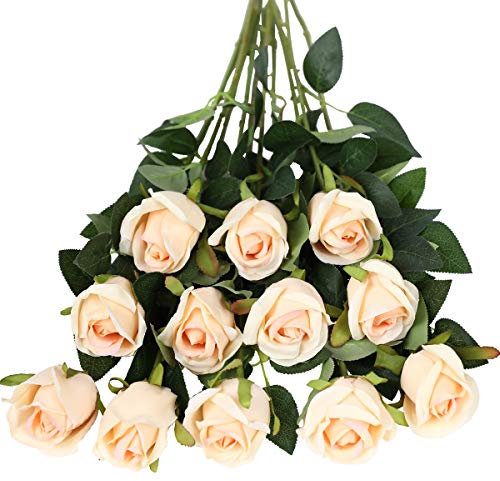 Tifuly Rosen Künstliche Blumen 12 Pcs Seide Künstliche Rose Blumen Gefälschte Blumen für Brautstrauss Haus Hochzeits Party Deko DIY(Champagner)