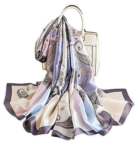 LumiSyne Seidenschal Damen Blume Gedruckt Muster Mode Eleganten Stil Weicher Hautfreundlicher Warmer Seidentuch Lange Halstücher Sonnencreme Stola All Season