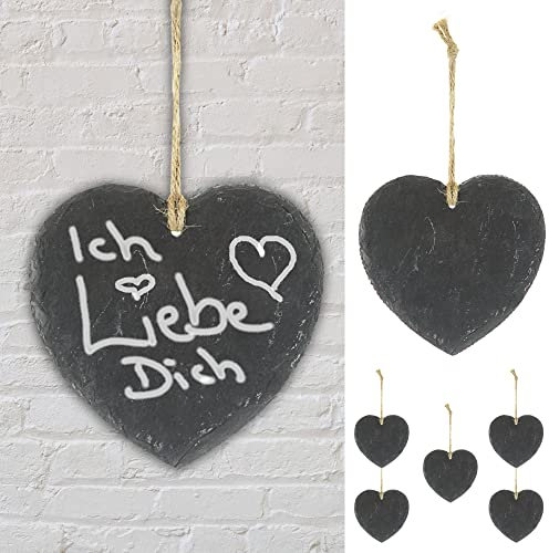 Schieferschild Herz 6er Set zum Beschriften mit Kreide | 15x15x0,4cm | Schiefertafel mit Juteseil zum Aufhängen (1 x 6er Set Schieferschild Herz)
