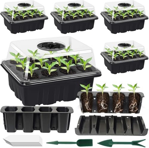 YUNSTK 5 Pcs Seed Propagators, Trays for Seedlings Reusable with Lid, 60 Cells Starter Tray Adjustable Humidity Dome and Base, Windowsill & Greenhouse Grow Plant Germination Equipment