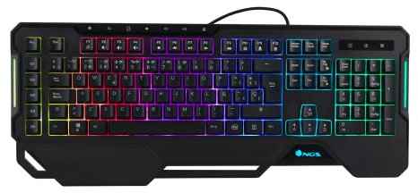 NGS GKX-450- Teclado Gaming de Membrana con Luces RGB, QWERTY Portugués, Programable, 19 Teclas Multimedia, Cable 1,8m, Negro
