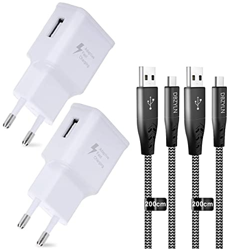 2-Pack Ladegerät mit Ladekabel Kompatibel mit Samsung Galaxy S10, S10 Plus, S10e 5G, S9, S9 Plus, S8, S8 Plus, A50, A40, A30, A20e, Z Flip3, Fold2, Schnellladegerät mit Ladekabel 2m Nylon (weiß)