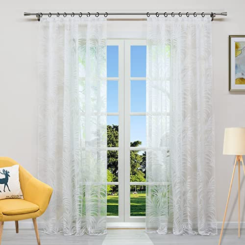 CORLIF Gardine mit Kräuselband Voile Ausbrenner Vorhang Transparente Gardine mit Blätter Muster Modern Schal Wohnzimmer Gardinenschals Weiß BxH 140x175cm 1 Stück
