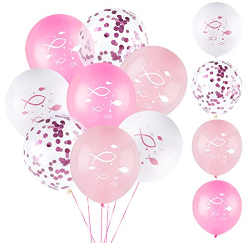 COLOFALLA 40 Stück Luftballons Taufe Kommunion Konfirmation Deko Erstkommunion Dekoration Rosa Weiß Fische Ballons mit Bänder für Mädchen Geburtstag Hochzeit