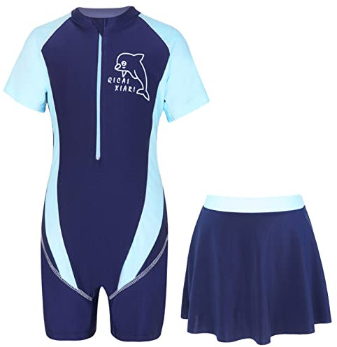 Freebily Combinaison de Plongé 2 Pièce Fille Enfant Maillot de Bain Manches Courte Rashguard Body de Bain avec Mini Jupe de Bain Natation Bikini de Piscine Zippé Dauphin Marin 12-14 Ans