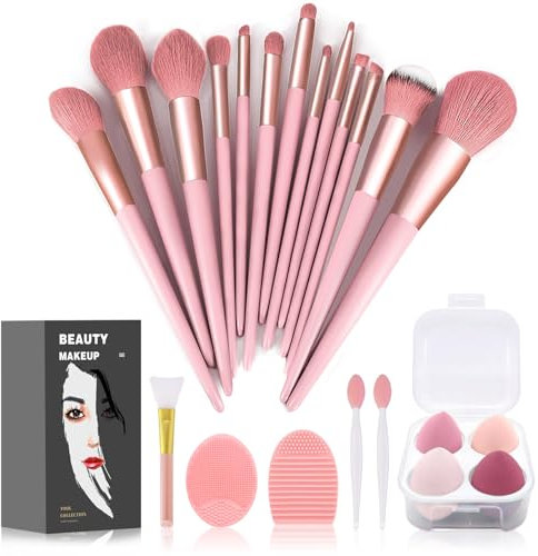 Lot de 22 pinceaux de maquillage pour fond de teint, fard à paupières, rose