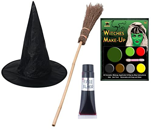 labreeze Adults Black Witch Hat Broom Stick Witch Make Up Fake Blood Halloween Horror Fancy Dress