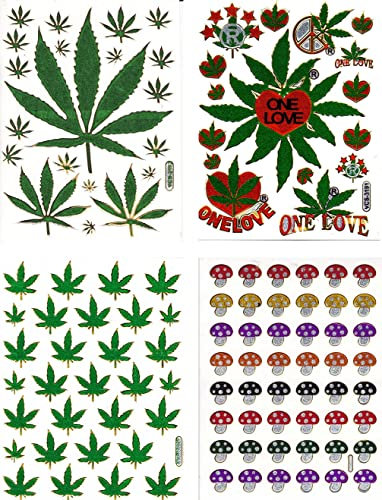 4 Bogen Metallic Glitzer Effekt - Cannabis Weed Gras Sticker Aufkleber Sticker Promotion Kindergeburtstag Dekorieren Hobby Basteln Sammeln selbstklebend und vorgestanzt