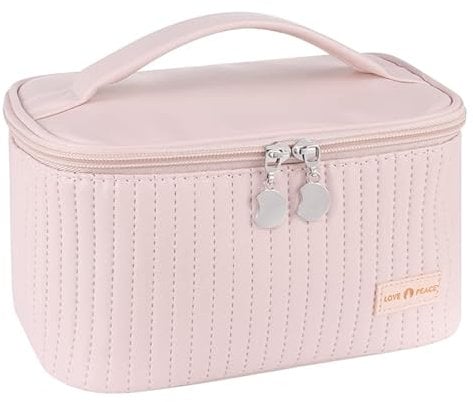 Pink Make up Bag, Large Capacity Travel Cosmetic Bag, Portable Toiletry Bag Organizer Waterproof Multifunction Multi Layer Makeup Bag with Handle and Divider for Women Girls