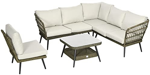Outsunny 5 Pieces Outdoor Rattan Corner Sofa, Round and Twin Half-round Wicker Woven Rattan Garden Furniture w/Thick Padded Cushions and Tempered Glass Top Two-tier Table, Grey