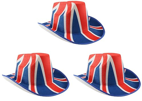 Union Jack Cowboyhut – 3 Stück – Filz Cowboyhut mit Union Jack Flagge Design – König Krönung Straße Party Kostüm Zubehör