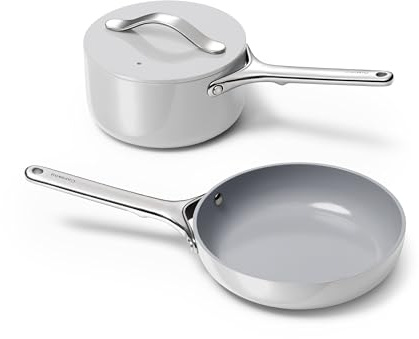 Caraway Mini Cookware Set - Non-Stick Ceramic Fry Pan (1.05 qt, 8) Sauce Pan (1.75 qt) & Storage Rack - Non Toxic, PTFE & PFOA Free - Oven Safe & Stovetop Agnostic (Gas, Electric & Induction) - Gray