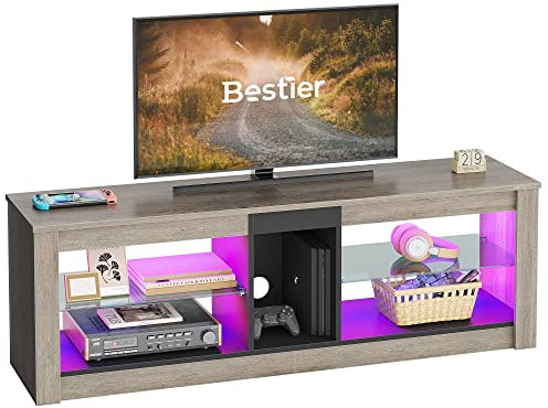 Bestier TV Stand Cabinet 140CM Entertainment Center Led Tv Stand Modern TV Unit with Glass Shelf RGB LED Lighted for 55 inch TVs with Ambient Lights for Living Room Bedroom (Grey Wash)
