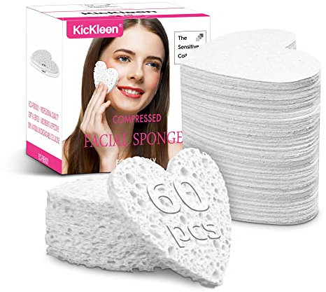 60-Count Kickleen Compressed Cellulose Heart Shape Facial Sponges | 100% Natural Cosmetic Spa Sponges for Facial Cleansing | Exfoliating | Makeup and Mask Removal | Reusable |Skin Massage (White)