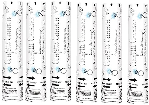 6pk Confetti Cannons White Paper - Biodegradable, Flame Resistant, and Colorfast - Confetti Shooter Perfect for Wedding Parties and Celebrations - 20cm