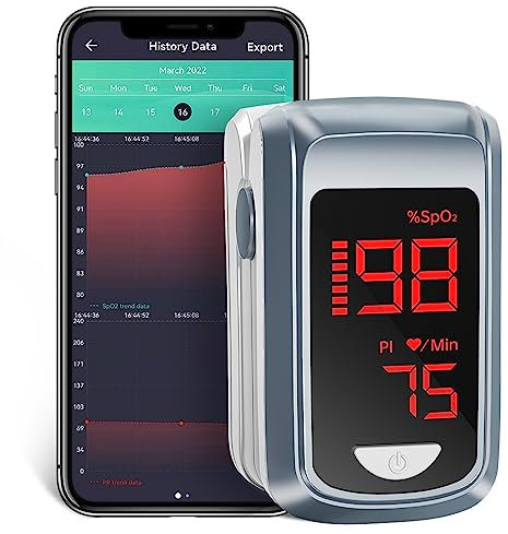 Saturimetro Bluetooth con Display OLED, HOLFENRY Ossimetro Da Dito Misuratore Ossigeno Da Dito con l'APP Bluetooth per per il Monitoraggio Livello Sp02 e Frequenza Cardiaca (Grigio)
