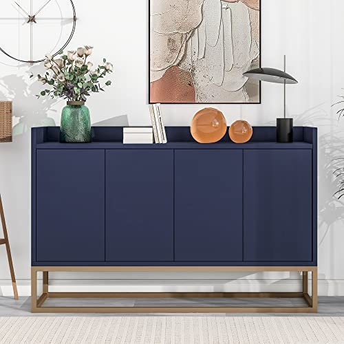 KecDuey Aparador con patas de metal doradas, 120 x 30 x 80 cm, moderno estilo minimalista, armario buffet de 4 puertas sin asas para comedor, salón, cocina (azul marino)