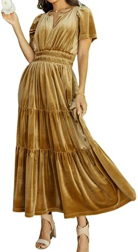 R.Vivimos Women V Neck Short Sleeve Velvet Maxi Dress | Elastic Waist,A Line,Tiered,Ruffle,Flowy,Vintage,Casual,Modest,Office,Prom,Party,Cocktail,Evening,Christmas,Long Dresses