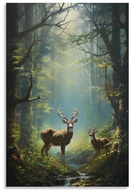 FOCCAR Rustikale Hirsch-Wandkunst, Leinwanddruck, Wald, Natur, Sonnenschein, Tiere, niedliche Tiere, Bilder auf Leinwand, Poster, Wanddekoration für Wohnzimmer