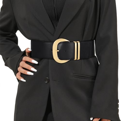 JasGood Damen Breiter Elastischer Taillengürtel für Kleider Stretchy Gürtel Hüftgürtel Goldener Schnalle Gürtel für Damen, Schwarz, 90cm