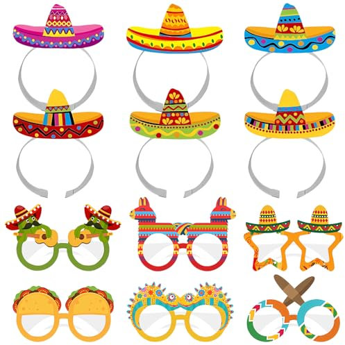 Lets Joy 6 Piezas Cinco De Mayo Sombrero Diadema, 6 Piezas Cinco de Mayo Gafas de Fiesta, Diadema Mexicana, Gafas de Fiesta Tropical Hawaiano, Mexicana Hawaii Papel Fiestas Accesorios