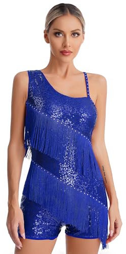Agoky Damen Pailletten Gymnastikanzug Ärmellos Turnanzug Eiskunstlauf Leotard Tanz Trikot mit Bein Fransen Body Modern Jazz Tanzbekleidung Blau L