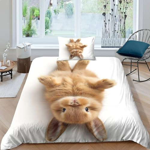 VesFy 3D Druck Niedlicher Hase Bettbezug Kopfkissenbezug Mit Reißverschluss Schließung Kunst-Tiere Bettwäsche Set 2 Teilig Mikrofaser Für Jugendliche Kinder Schlafzimmer Single（135x200cm）